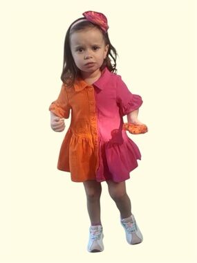 cleo Two-Tone Pink and Orange Button-Front Kids Dress